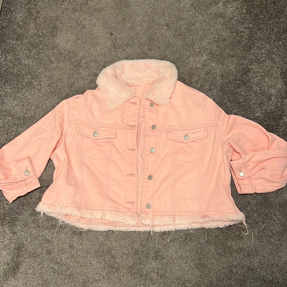 pink fuzzy jean jacket